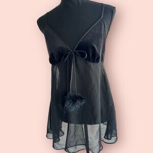 Vtg Babydoll Top Lingerie Velvet Sheer Black Size Medium Pom Poms Whimsygoth